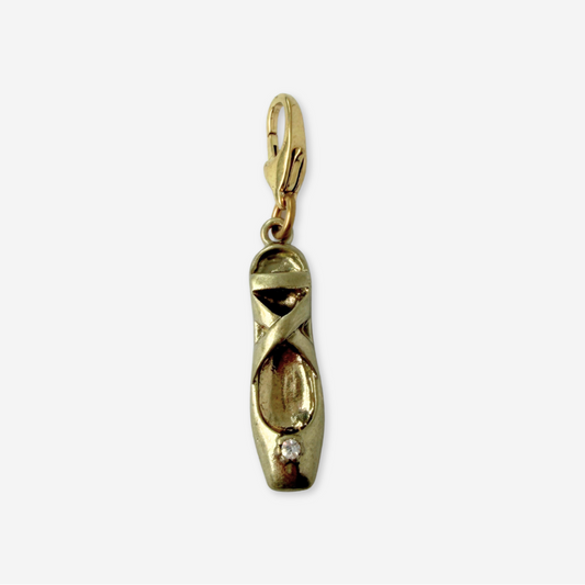Vintage muted gold ballet slipper charm with clear rhinestone