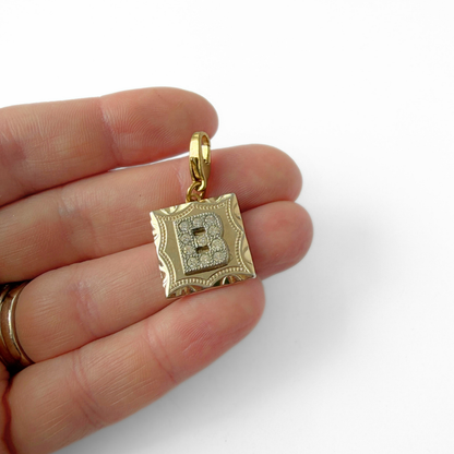 Vintage rhinestone letter "B" gold tone square charm, alternate view 2