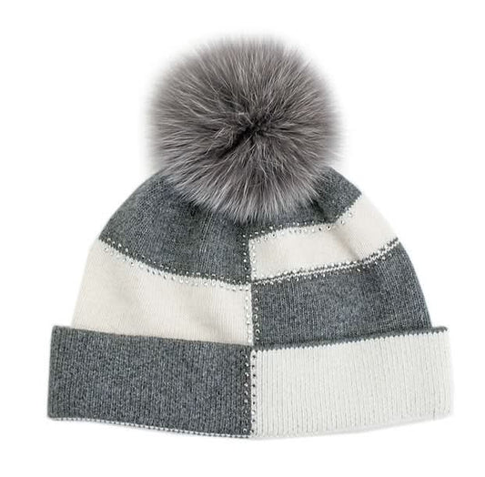 White & Grey Checkerboard Knitted Hat W and Sparkles, Fox Pom Pom