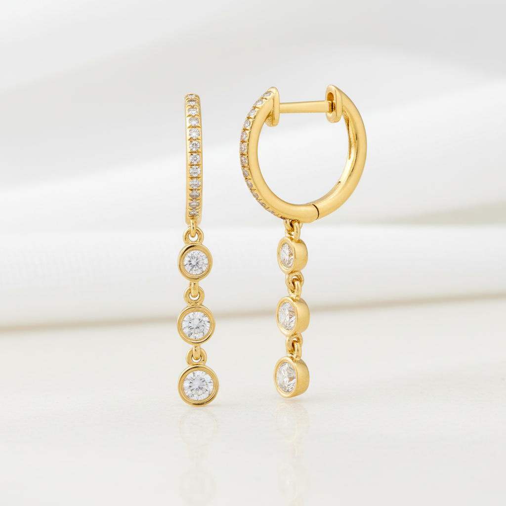 Yellow Gold Diamond Bezel Dangling Huggie Earrings, alternate view 2