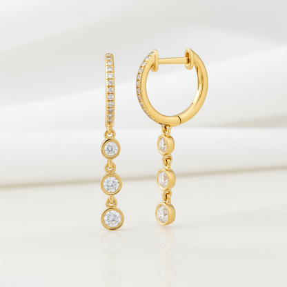 Yellow Gold Diamond Bezel Dangling Huggie Earrings, alternate view 2