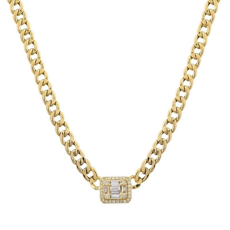 Yellow Gold Illusion Emerald Diamond Cuban Link Chain