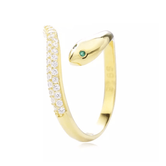 Yellow Gold Plated Cz Snake Wrap Ring With Green Eyes
