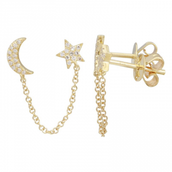 14k Yellow Gold Diamond Moon & Star Chain Earring