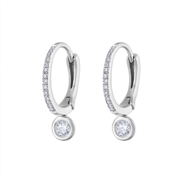 14k White Gold Diamond Huggie w Bezel Set drop Earring