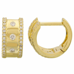  14k Yellow Gold Wide Huggie Earrings With Diamond  Border