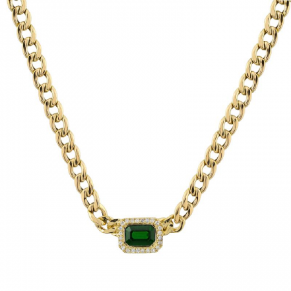14k Yellow Gold Emerald  Cut Emerald Diamond Cuban Link Necklace
