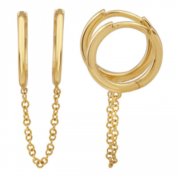 14k Yellow Gold Double Huggie Chain Earring/Sold as a single
