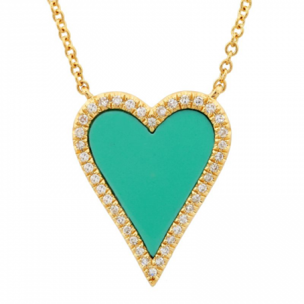 14k Yellow Gold Diamond Turquoise Heart Necklace 
