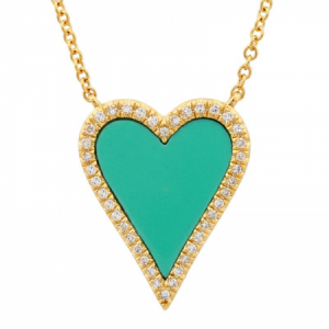 14k Yellow Gold Diamond Turquoise Heart Necklace 