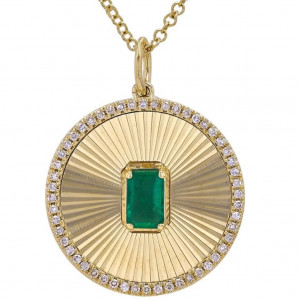 14k Yellow Gold Fluted Emerald with Diamond Edge Medallion Necklace