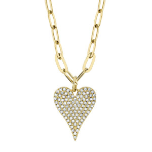 14K Yellow Gold Diamond Pave Heart Paper Clip Link Necklace 